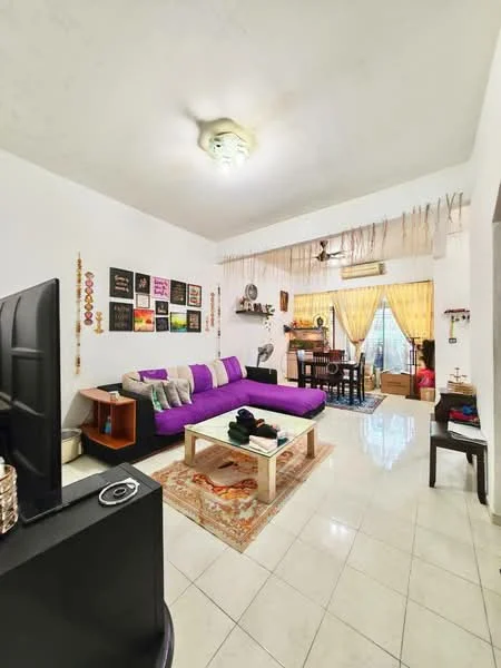 Living features: purple fabric sofa, 3-seater sofa, coffee table, area rug with geometric pattern, wall-mounted TV, ceiling fan, recessed lighting, dining table with chairs, large windows with sheer curtains, decorative wall art, wooden shelving unit, tile flooring; style: contemporary; view: garden.
