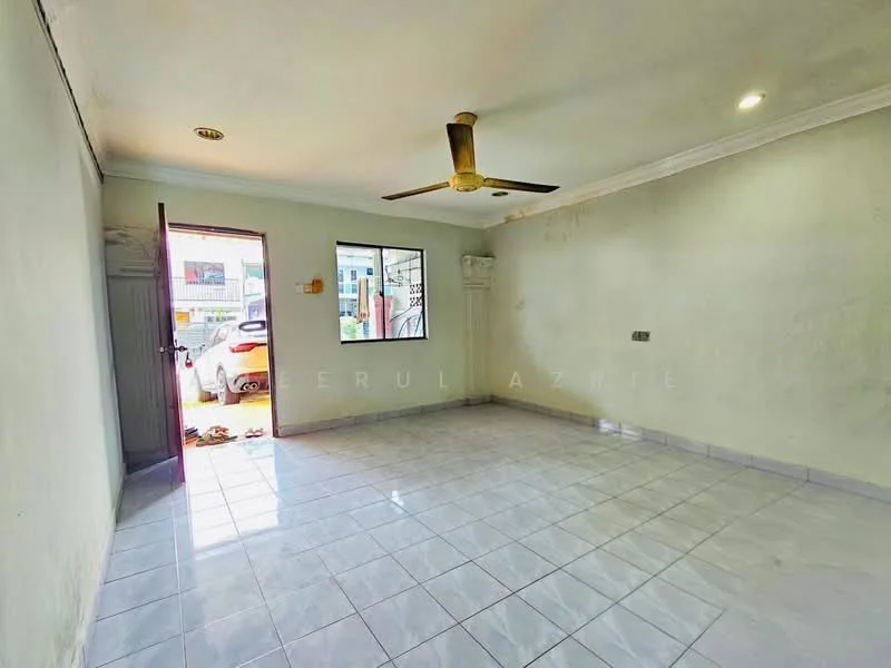 Room features: white painted walls, glossy white tile flooring, 5-blade ceiling fan, single window, door leading outside, light fixtures on ceiling, no visible furniture.
