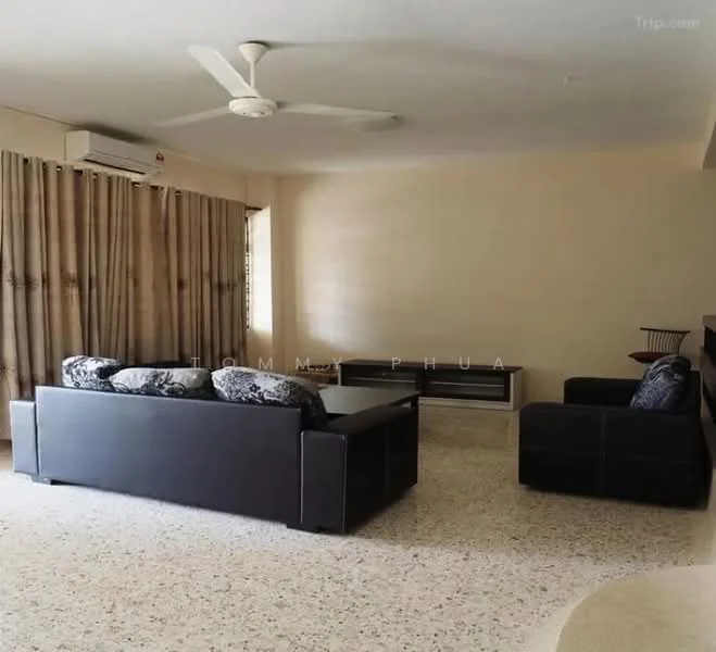 Living features: 3-seater black leather sofa, 2-seater black fabric sofa, decorative cushions, ceiling fan, wall-mounted air conditioning unit, curtains, light-colored walls, terrazzo flooring, coffee table, TV console; style: modern.