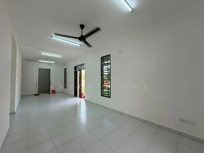 Room features: white painted walls, ceramic tile flooring, ceiling fan, 2 windows with black metal grills, LED ceiling lights, open layout, clean and minimalistic design; style: modern; view: garden.