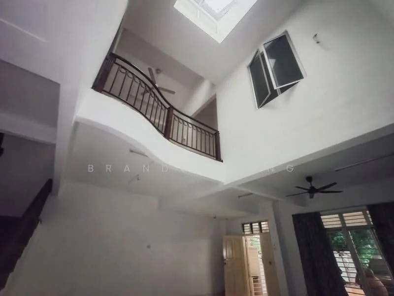 Room features: white painted walls, exposed beams, skylight, ceiling fan, wooden staircase, balcony railing, floor-to-ceiling windows, open space layout; style: modern; view: garden.