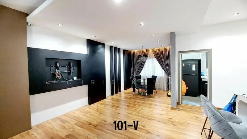 Living features: wooden flooring, dark accent wall, light grey walls, recessed downlights, floor-to-ceiling windows with sheer curtains, dining area with table and chairs, TV console mounted on wall, decorative wall paneling, open layout, kitchen area visible in background; style: modern.