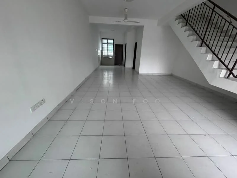 Room features: white painted walls, ceramic tile flooring, ceiling fan, large windows, staircase, open layout, neutral color scheme; style: modern.