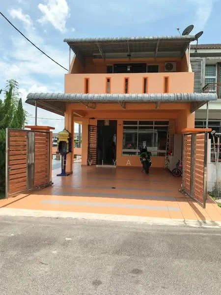 Exterior type: semi-detached house; features: orange painted facade, flat roof with overhang, metal awning, front porch with tiled flooring, wooden slatted fencing, large front window, main entrance door, satellite dish on roof, driveway with concrete surface, bicycle parked on porch; style: modern.