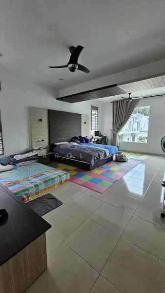 Bedroom features: king-size bed with grey bedding, upholstered headboard, 2 floor cushions, multicolored area rug, tile flooring, ceiling fan with light, large window with sheer curtains, wall-mounted TV, wooden accent wall behind bed, built-in wardrobe, decorative ceiling with recessed lighting; style: modern.