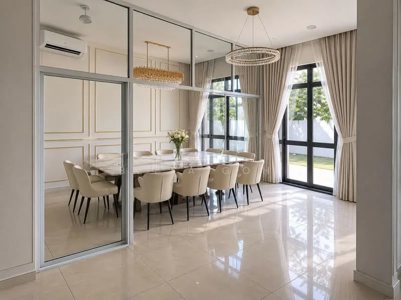 Dining features: rectangular dining table with seating for 10, upholstered dining chairs in cream, chandelier with crystal accents, large floor-to-ceiling windows, glass sliding doors, white painted walls, cream tiled flooring, air conditioning unit mounted on the wall, decorative wall paneling, curtains in light fabric; style: modern; view: garden.