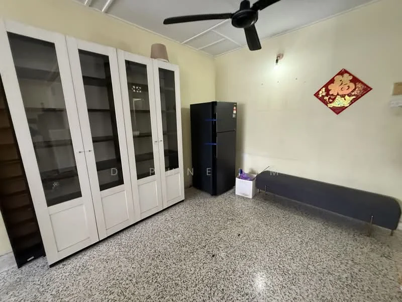 Living features: grey sofa, black fridge, white display cabinet with glass doors, speckled terrazzo flooring, ceiling fan, wall-mounted light fixture, decorative wall art, open space layout.