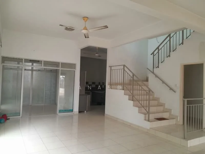 Living features: white painted walls, ceramic tile flooring, 5-blade ceiling fan, staircase with metal railing, large glass sliding doors, open layout, natural light from windows, high ceiling; style: modern.