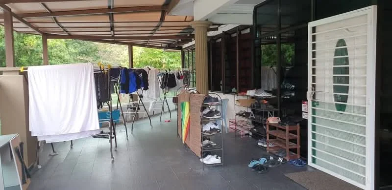 Room features: covered patio, sliding glass door, clothes drying rack, open shelving, tile flooring, outdoor furniture, laundry area, greenery view; view: garden.