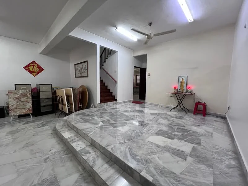 Room features: marble flooring, white painted walls, ceiling fan, staircase, decorative altar with statue, red decorative items, multiple wall-mounted lights, step-up platform; style: modern.