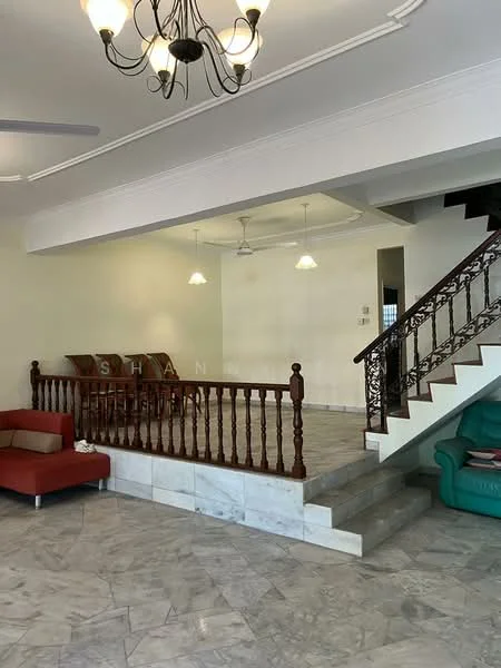 Living features: marble flooring, white painted walls, ceiling with chandelier, 2 ceiling fans, staircase with wooden railing, green leather sofa, red fabric sofa, recessed lighting, open layout, natural light from windows; style: modern.