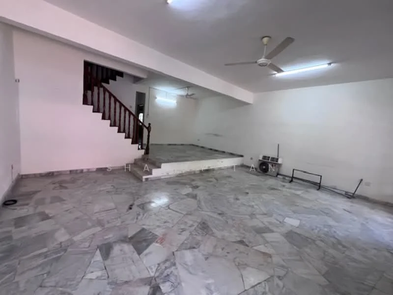 Room features: marble flooring, white painted walls, ceiling fan, staircase with wooden railing, recessed lighting, open layout, elevated platform area, multiple light fixtures; style: modern.
