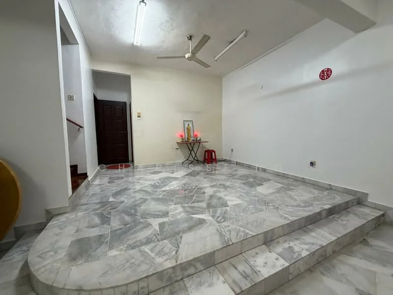 Room features: marble flooring, white painted walls, ceiling fan, recessed lighting, staircase, decorative wall art, table with candles, steps leading to a raised area; style: modern.
