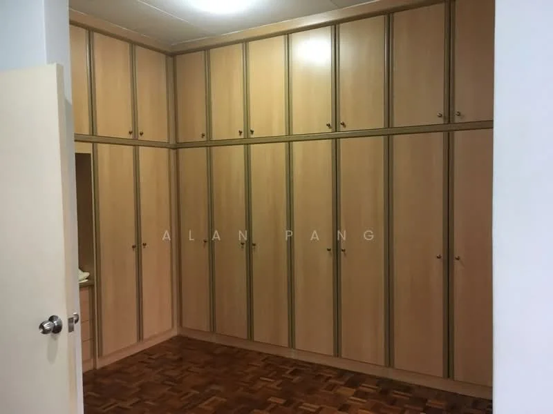 Room features: built-in wooden cabinets, light wood cabinetry, parquet wood flooring, white walls, ceiling light fixture; style: modern.