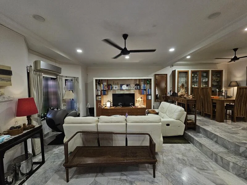 Living features: white leather sofa, 3-seater sofa, coffee table, TV console, wall-mounted TV, marble flooring, ceiling fan with light, recessed downlights, decorative wall shelves, framed artwork, curtains, open shelving unit; style: modern. Dining features: dining table, wooden dining chairs, glass display cabinet, recessed downlights; style: modern.