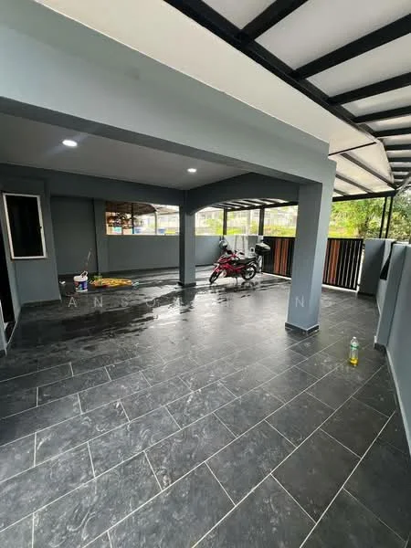 Room features: grey painted walls, black tile flooring, exposed beam ceiling, recessed downlights, large windows, open layout, motorcycle parked, cleaning supplies visible; style: modern.