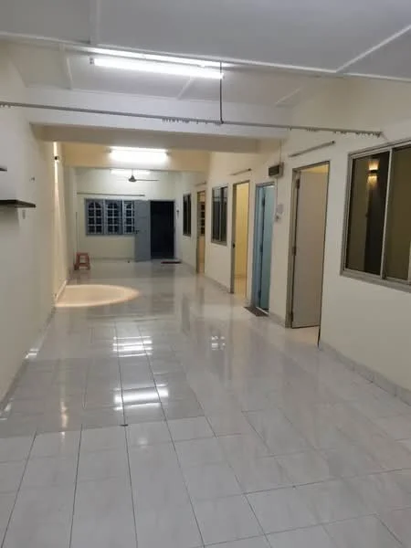 Room features: white painted walls, glossy ceramic tile flooring, drop ceiling with fluorescent lights, multiple doorways, large windows with clear glass, light-colored corridor, wooden shelves on the wall, single pendant light fixture; style: modern.