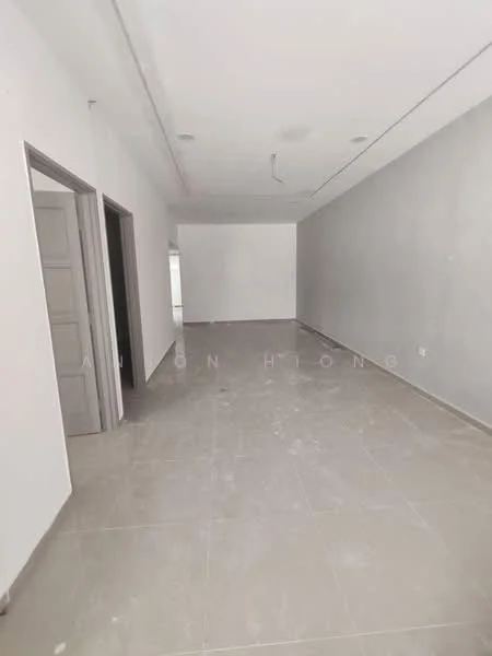 Room features: grey painted walls, white painted ceiling, tile flooring, recessed ceiling lights, open layout, no visible furniture, large windows, doorway leading to another room; style: modern.