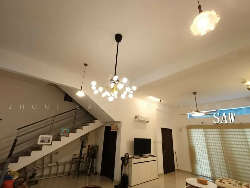 Living features: white painted walls, polished tile flooring, tray ceiling, chandelier with multiple bulbs, pendant lights, wall-mounted TV, air conditioning unit, large window with sheer curtains, open staircase, decorative shelving unit, ceiling fan; style: modern.