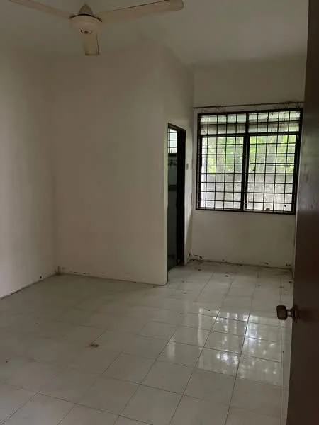 Room features: white painted walls, tile flooring, ceiling fan, large window with grid pattern, doorway leading to another room.