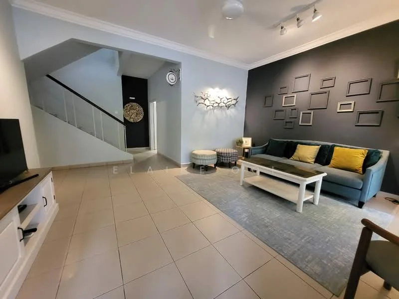 Living features: grey accent wall, white painted walls, tile flooring, 3-seater fabric sofa in teal, 2-seater fabric sofa in beige, coffee table with white surface, area rug with geometric pattern, wall-mounted TV, decorative wall art, ceiling fan with light, recessed downlights, decorative mirror, side table with decorative items; style: modern. Room features: staircase with white railing, wall clock, decorative wall art.