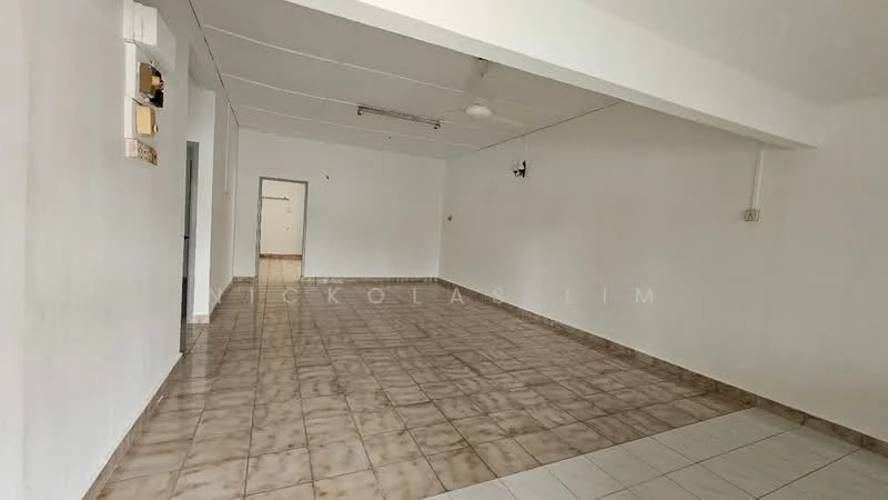 Room features: white painted walls, ceiling with recessed lights, tiled flooring in beige, ceiling fan, multiple doorways, open layout, no visible furniture, neutral color scheme; style: minimalist.