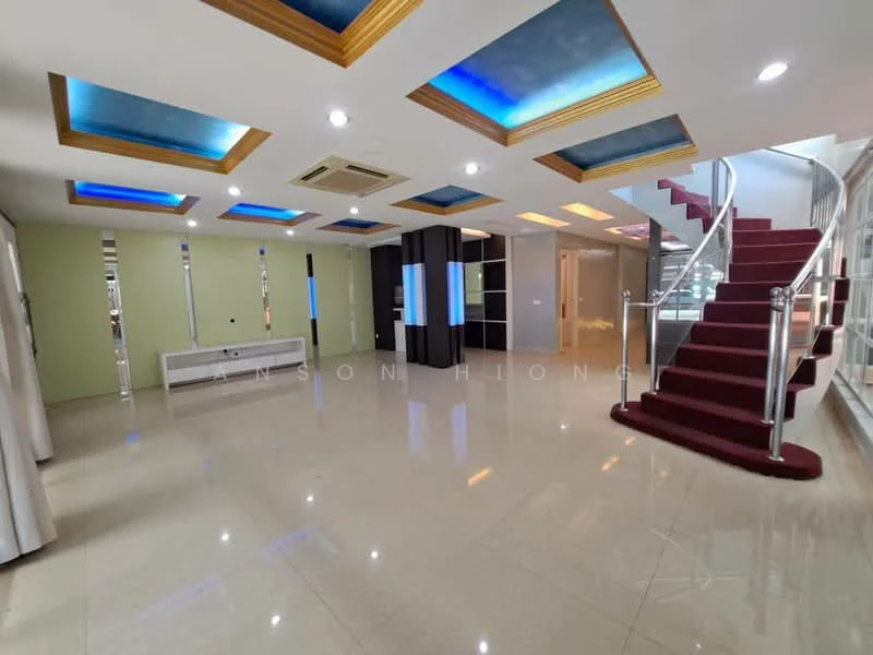 Room features: marble tile flooring, white walls, gold crown moulding, recessed downlights, blue LED ceiling lights, staircase with red carpet, glass railing, built-in cabinetry, large windows, open layout; style: modern.
