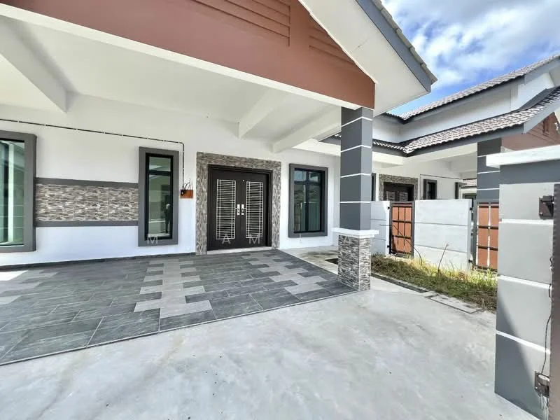 Exterior type: detached bungalow; features: grey stone cladding, white painted facade, brown wooden accents, double front doors with glass panels, large windows with black frames, tiled porch area, manicured lawn, concrete pathway, gabled roof, surrounding fencing, modern architectural design; style: modern.
