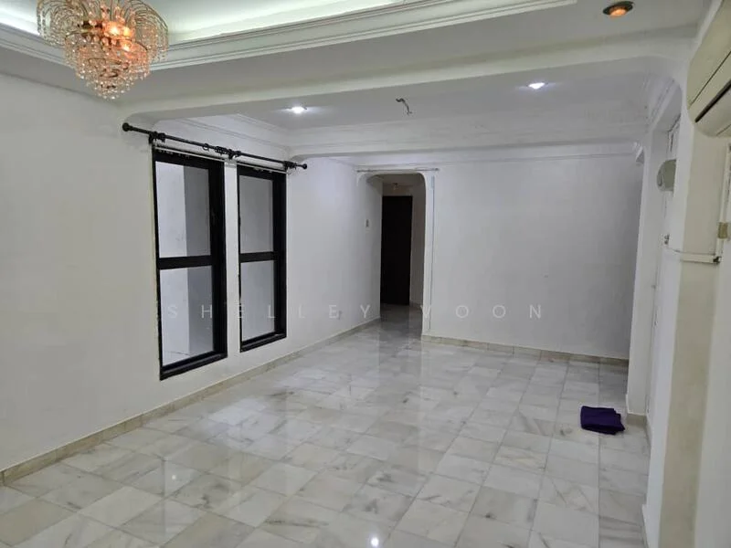Living features: white painted walls, marble tile flooring, tray ceiling, recessed downlights, 2 floor-to-ceiling windows, blackout curtains, air conditioning unit, decorative chandelier; style: modern.