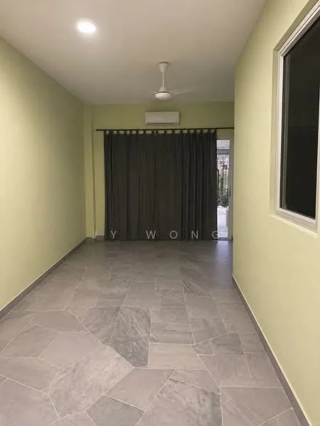 Room features: light green painted walls, grey stone tile flooring, ceiling fan, wall-mounted split AC, curtains, window, door leading outside; style: modern.