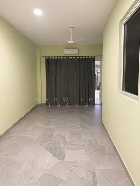 Room features: light green painted walls, grey stone tile flooring, ceiling fan, wall-mounted split AC, curtains, window, recessed lighting; style: modern.