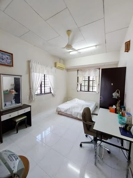 Bedroom features: white painted walls, white ceiling with tiles, marble tile flooring, floor-to-ceiling windows, sheer curtains, 1 ceiling fan, queen-size bed, dressing table with mirror, study desk with chair, built-in wardrobe, decorative wall clock; style: modern.