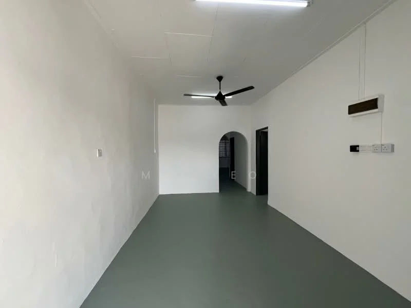 Room features: white painted walls, grey flooring, ceiling fan, arched doorway, LED ceiling lights; style: minimalist.