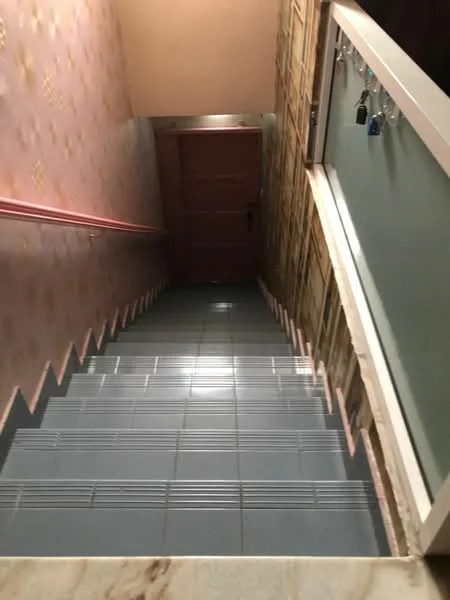 Room features: staircase with tiled flooring, pink patterned wallpaper, wooden door at the bottom of the stairs, metal railing, decorative trim along the wall.