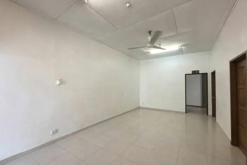 Room features: white painted walls, plain ceiling, 5-blade ceiling fan, tile flooring, single wooden door, light fixtures; style: minimalist.