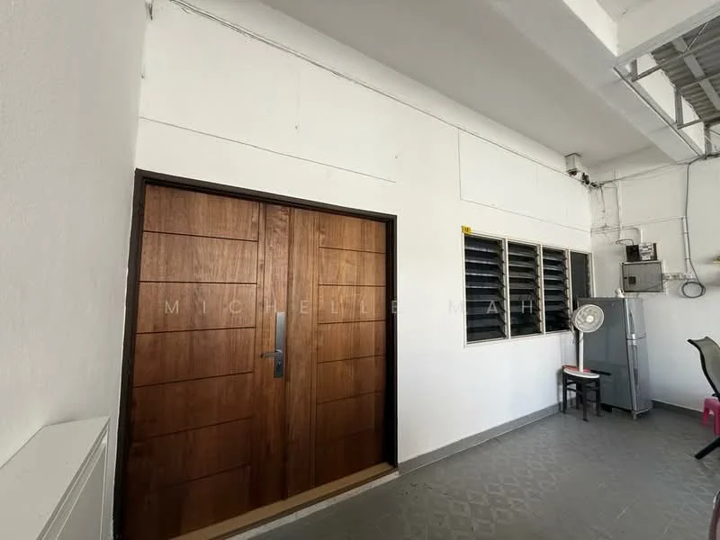 Room features: wooden front door with vertical panels, white painted walls, grey tile flooring, window with black grille, air conditioning unit, metal filing cabinet, office chair, exposed ceiling with pipes; style: modern.