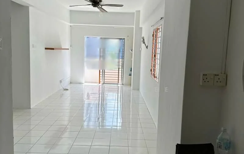 Living features: white painted walls, glossy white tile flooring, 5-blade ceiling fan, sliding glass door, window with grid pattern, natural light from window, open layout, wall-mounted shelf; style: modern; view: garden.
