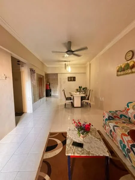 Living features: 5-blade ceiling fan with light, white painted walls, tile flooring, area rug with geometric pattern, 3-seater fabric sofa with colorful pattern, dining table for 6 with upholstered chairs, decorative wall clock, wall-mounted artwork, window with sheer curtains; style: modern. Room features: white painted walls, tile flooring, doorway leading to other rooms.