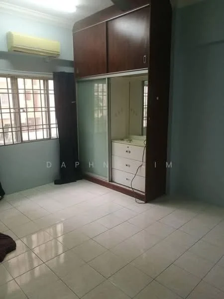 Bedroom features: light green painted walls, white tiled flooring, built-in wardrobe with sliding doors, chest of drawers, 1 wall-mounted split AC, 2 windows with grilles, curtains, ceiling light fixture.