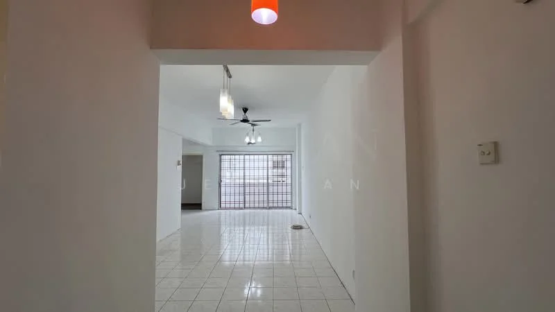 Living features: white painted walls, glossy tile flooring, 5-blade ceiling fan with light, recessed downlights, large window with grid pattern, open layout, neutral color scheme, doorway leading to another room; style: modern.