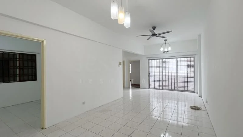 Living features: white painted walls, glossy white floor tiles, 5-blade ceiling fan, 3 pendant lights, large windows with grid pattern, open layout, natural light, sliding glass door; style: modern. Room features: white painted walls, glossy white floor tiles, large windows with grid pattern.