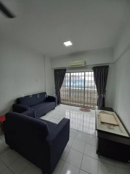 Living features: 2-seater fabric sofa in navy blue, 3-seater fabric sofa in navy blue, coffee table with wooden surface, white tiled flooring, white painted walls, ceiling-mounted air conditioning unit, floor-to-ceiling windows, curtains in dark grey, light fixture in ceiling; style: modern; view: city.