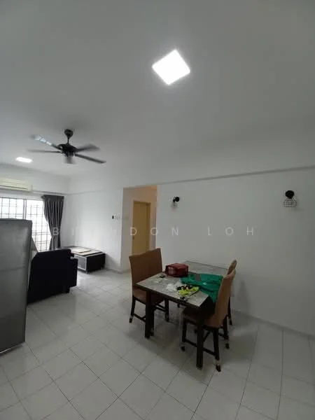 Living features: white painted walls, tile flooring, 5-blade ceiling fan, recessed downlights, sofa in dark color, dining table with chairs, window with sheer curtains, wall-mounted sconces; style: modern.
