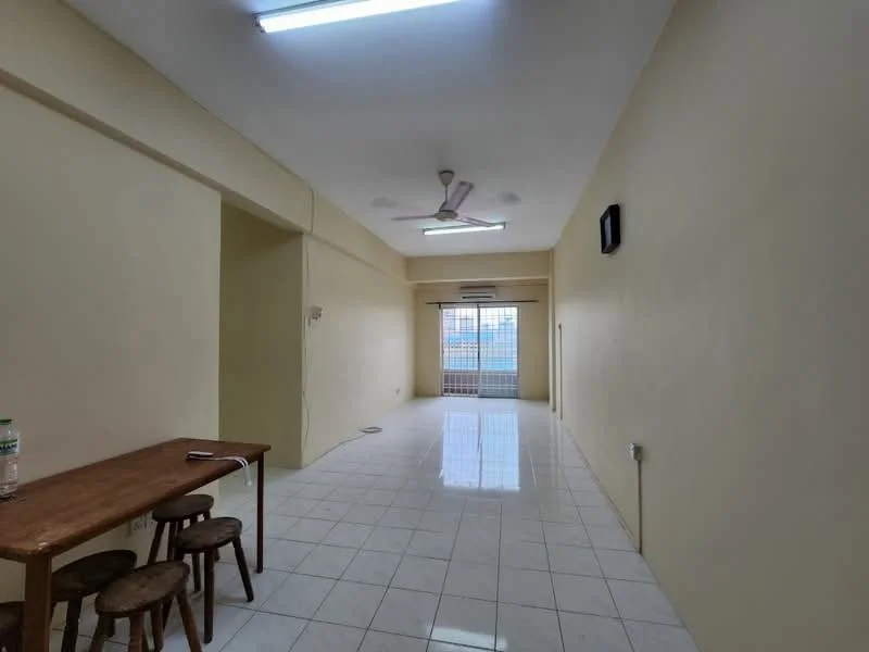 Living features: white painted walls, glossy ceramic tile flooring, 5-blade ceiling fan with light, window with sheer curtains, air conditioning unit, wall-mounted TV, dining table with wooden surface, two wooden stools; style: minimalist; view: city.