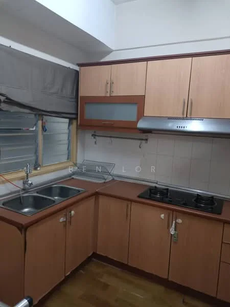 Kitchen features: double-bowl stainless-steel sink, chrome pull-down faucet, wood cabinetry with brown finish, glass-front upper cabinet, built-in gas hob, stainless-steel range hood, ceramic tile backsplash, laminate countertop, window with blinds, wooden flooring; style: modern.