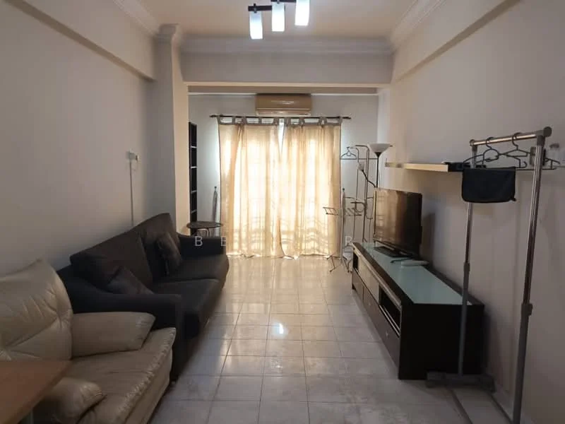 Living features: 3-seater fabric sofa in grey, 2-seater leather sofa in cream, coffee table, TV console, wall-mounted TV, floor-to-ceiling windows with sheer curtains, recessed ceiling lights, air conditioning unit, glossy tile flooring, decorative floor lamp, built-in shelving unit; style: modern.