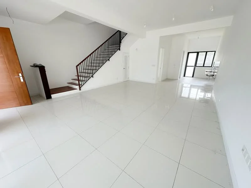 Living features: white painted walls, polished ceramic tile flooring, staircase with wooden railing, large windows for natural light, open layout, recessed downlights, neutral color scheme, high ceiling; style: modern.