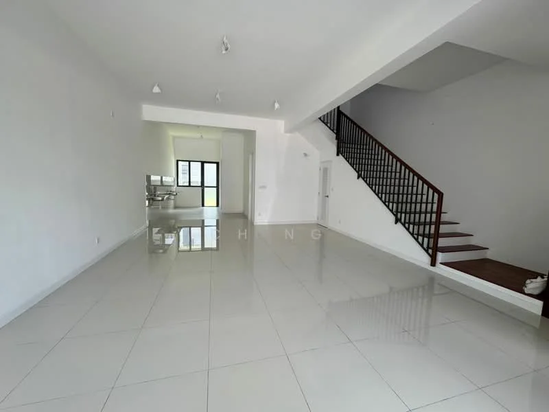 Room features: white painted walls, glossy ceramic tile flooring, recessed downlights, staircase with wooden handrail, large windows allowing natural light, open layout, high ceiling, neutral color palette; style: modern.