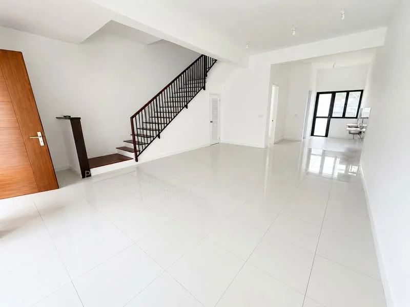 Living features: white painted walls, glossy white tile flooring, staircase with wooden railing, large floor-to-ceiling windows, natural light, open layout, recessed downlights, sliding glass door, high ceiling; style: modern.