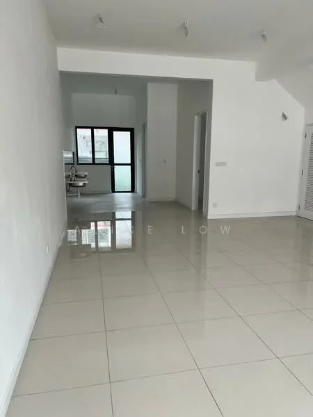 Room features: white painted walls, glossy tile flooring, recessed downlights, large windows, open layout, high ceiling, neutral color scheme, minimalist design; style: modern.